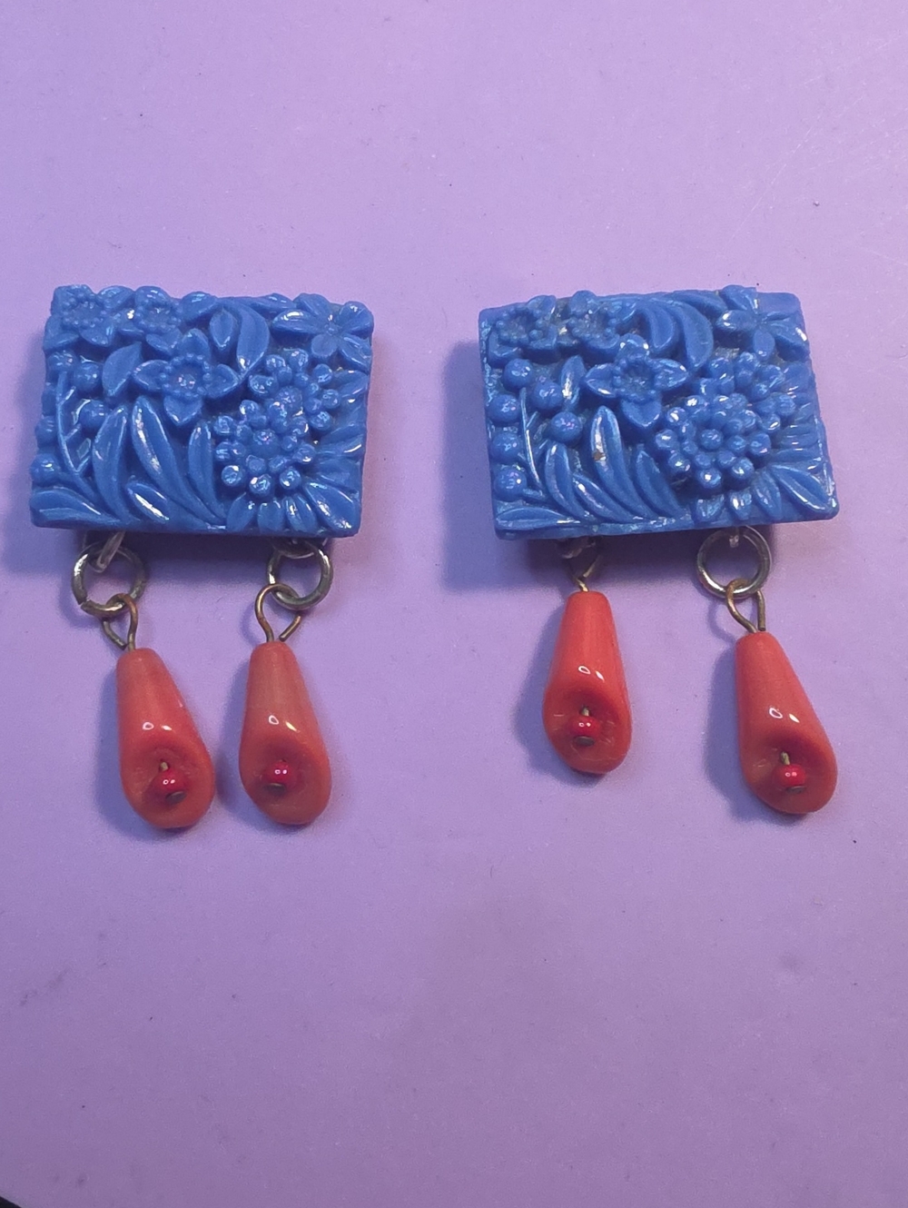 Blue Floral Carved Drop Earrings with Coral Teardrop Dangles
